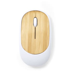 A tech mouse with a bamboo top and white base, featuring a smooth design and a central click button.