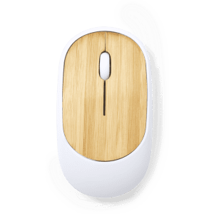 A wireless mouse featuring a wooden bamboo top and a white base, with a simple design and a small scroll wheel.