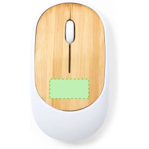 A wireless mouse featuring a bamboo top and a white base, with a blank area for potential branding.