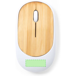 A white computer mouse with a bamboo top and a small logo on the surface.