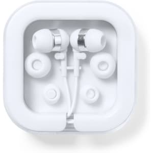 White Trubus earphones packaged in a clear case, featuring interchangeable ear tips for comfort.