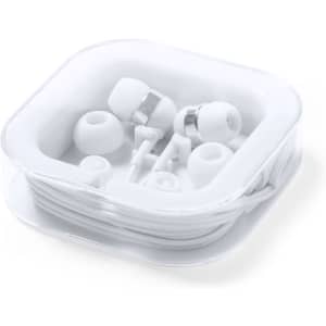 A set of white Trubus earphones packaged neatly, featuring multiple earbud tips for a secure fit.
