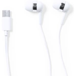 White Trubus earphones with a USB connection, featuring a sleek design and a simple silver accent.
