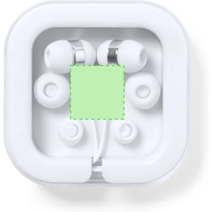 Earphones in white casing with multiple earbud tips arranged neatly inside. Features a logo on the packaging.