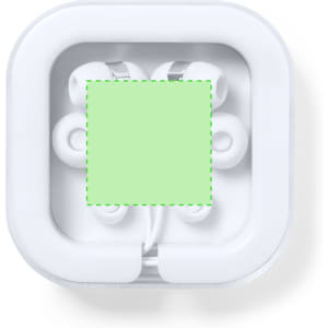 Trubus Earphones in white, presented in a clear square case with a logo on the front.