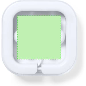 A pair of white Trubus earphones housed in a clear square case with a solid green background.