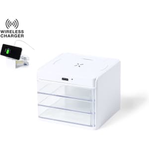 A white multi-drawer organiser with a wireless charger on top, featuring a logo.