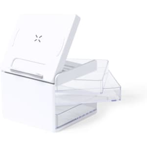 A white Macky Organizer Charger with a clear sliding drawer for storing items. Includes a logo on the front.