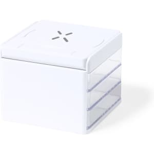 A white square organiser with a lid and three transparent drawers, featuring a logo on the front.