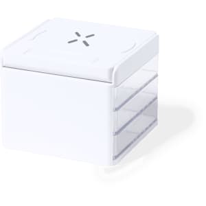 A white organizer charger with a clear drawer design, featuring a logo on the top surface.