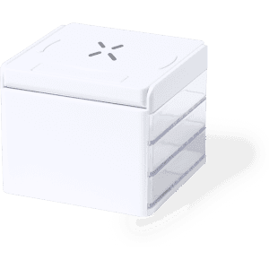 A white Macky Organizer Charger with a lid and three transparent compartments for storing items.