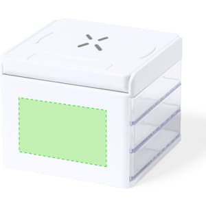 A white organiser charger with a transparent drawer design and a green label area. It features ventilation holes on top.