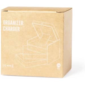 A brown cardboard box containing the Macky Organizer Charger, featuring an open design with multiple compartments.