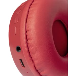 Red headphone cushion featuring a textured surface and ports for connectivity. Includes branding on the side.