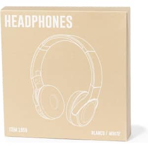 A light brown box featuring a white outline of white headphones and a logo.