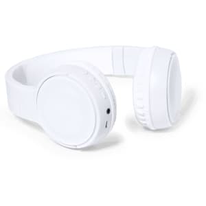 White over-ear headphones with a sleek design, featuring buttons on one side and a logo on the ear cup.