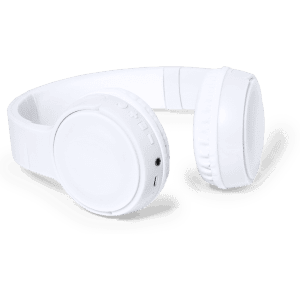 A pair of white headphones with on-ear cushions and built-in controls. The product features a branding logo.