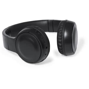 A pair of black headphones featuring a padded headband and ear cups with control buttons and a charging port.