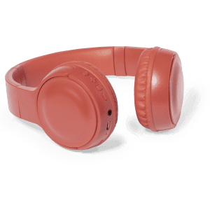 A pair of coral coloured over-ear headphones featuring controls and a branding logo.