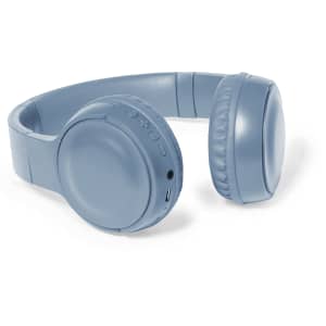 A pair of blue headphones with adjustable ear cups and a built-in control panel, featuring a logo.