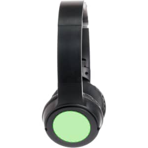 Black headphones with a large green circular area on the ear cup, featuring a sleek design and adjustable headband.