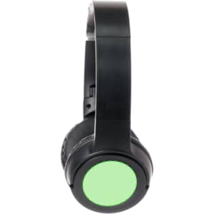 A pair of black headphones featuring a circular area on the ear cup, which has a green background.