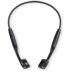 Wireless black headphones with a flexible neckband design and control buttons presented against a white background.