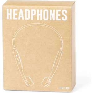 A cardboard box containing Helton Headphones, featuring a simple design with ear hooks and a logo.