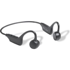A pair of black wireless headphones with an over-the-ear design and a flexible neckband.
