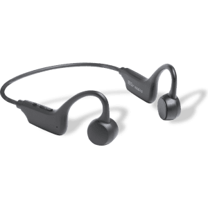 A pair of grey Helton headphones with a flexible neckband design and circular ear cups.