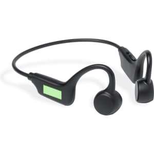 A pair of black Helton Headphones with a flexible neckband and circular ear pieces, featuring a small screen.