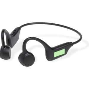 A pair of black Helton Headphones with a flexible design, featuring a small display area and controls.