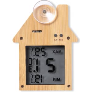 A bamboo weather station shaped like a house, featuring a digital display and suction cup for attachment.