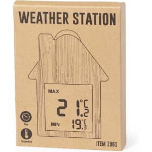 A wooden-themed weather station packaged in a house-shaped box, featuring a display for time and temperature.