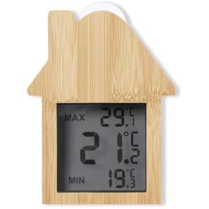 A bamboo-shaped weather station with a digital display showing temperature readings in degrees Celsius.