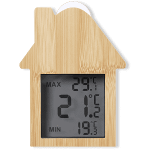 A wooden, house-shaped weather station featuring a digital display for maximum, minimum, and current temperatures.