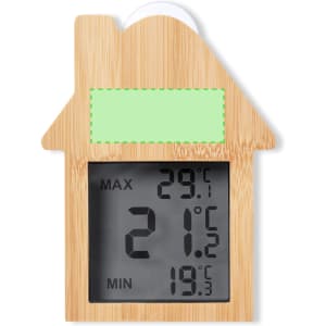 A bamboo weather station in the shape of a house, featuring a digital display for temperature readings.