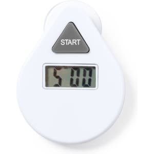 A white digital timer in a droplet shape with a black start button, displaying "5:00".