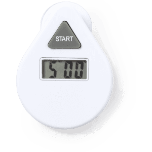 A white timer in a teardrop shape with a digital display and a grey start button.