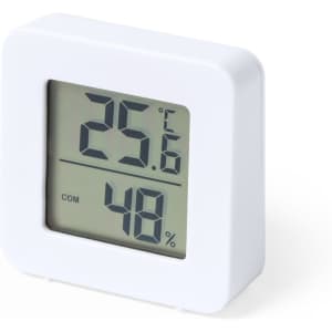 A white digital weather station displaying temperature and humidity levels on a rectangular screen.