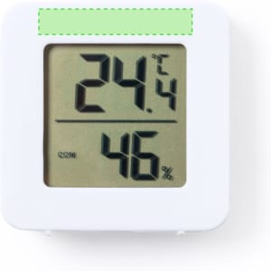 A white digital weather station displaying a temperature of 24.4°C and humidity of 46%. It features a small green logo.