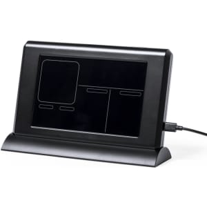 A black digital weather station with a wide display and touch-sensitive interface, featuring a sleek design.