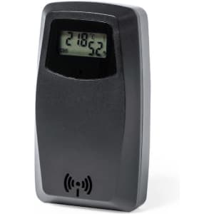 A black weather station with a digital display showing temperature and humidity levels. It features a logo on the front.