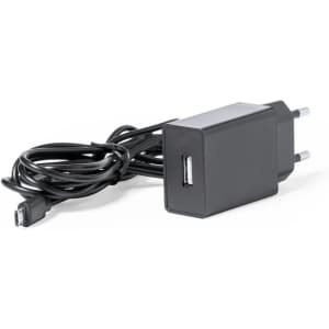 A black USB charger with a plug and a connected charging cable. It features a single USB port.