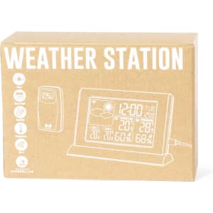A brown box containing a weather station with a digital display and various icons, featuring white branding and a logo.