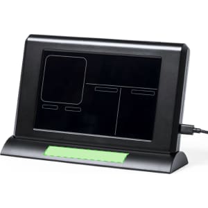 A black weather station with a sleek design, featuring a large display and a green accent at the base.