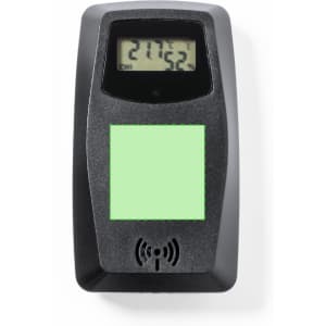 A black weather station device with a digital display showing temperature and humidity readings. It features a logo.