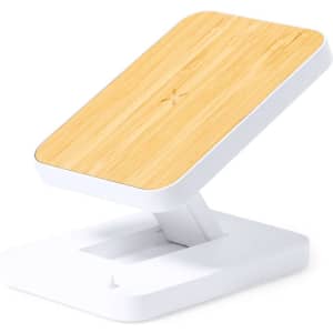 A wireless charger with a wood-patterned surface and a white base, designed for phone charging.