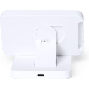 A wireless charger in white with an adjustable stand and a USB-C port on the base. It features a logo on the back.