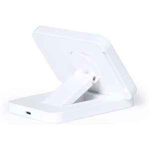 A white wireless charger with a tiltable stand, featuring a simple design and a USB-C port on the base.